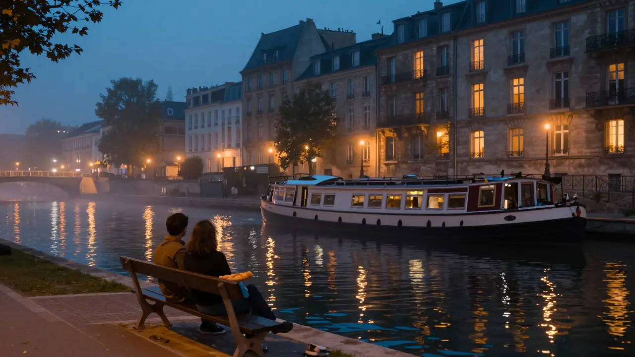 Canal Saint-Martin at midnight with string lights reflected on water, couple on a bench sharing bread under soft glow.