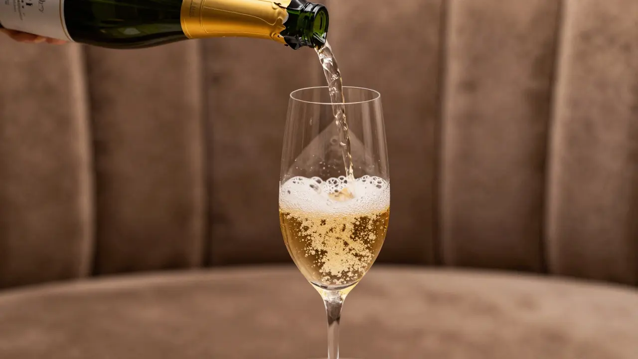 Champagne being poured in a VIP section with plush velvet seating.