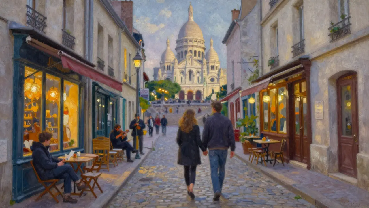 Couple strolling Montmartre streets with Sacré-Cœur Basilica in background at night