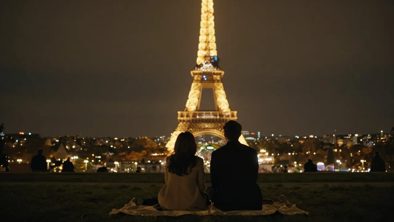 Couple watching Eiffel Tower's light show from Trocadéro Gardens at night