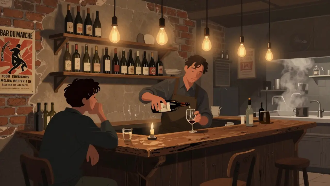 Cozy wine bar with wooden shelves and bartender pouring natural wine by candlelight in late-night Paris.