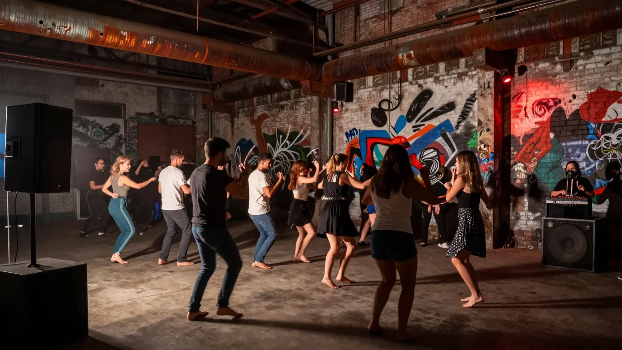 Crowd dancing in a raw industrial warehouse under red lights with towering pipes and murals.