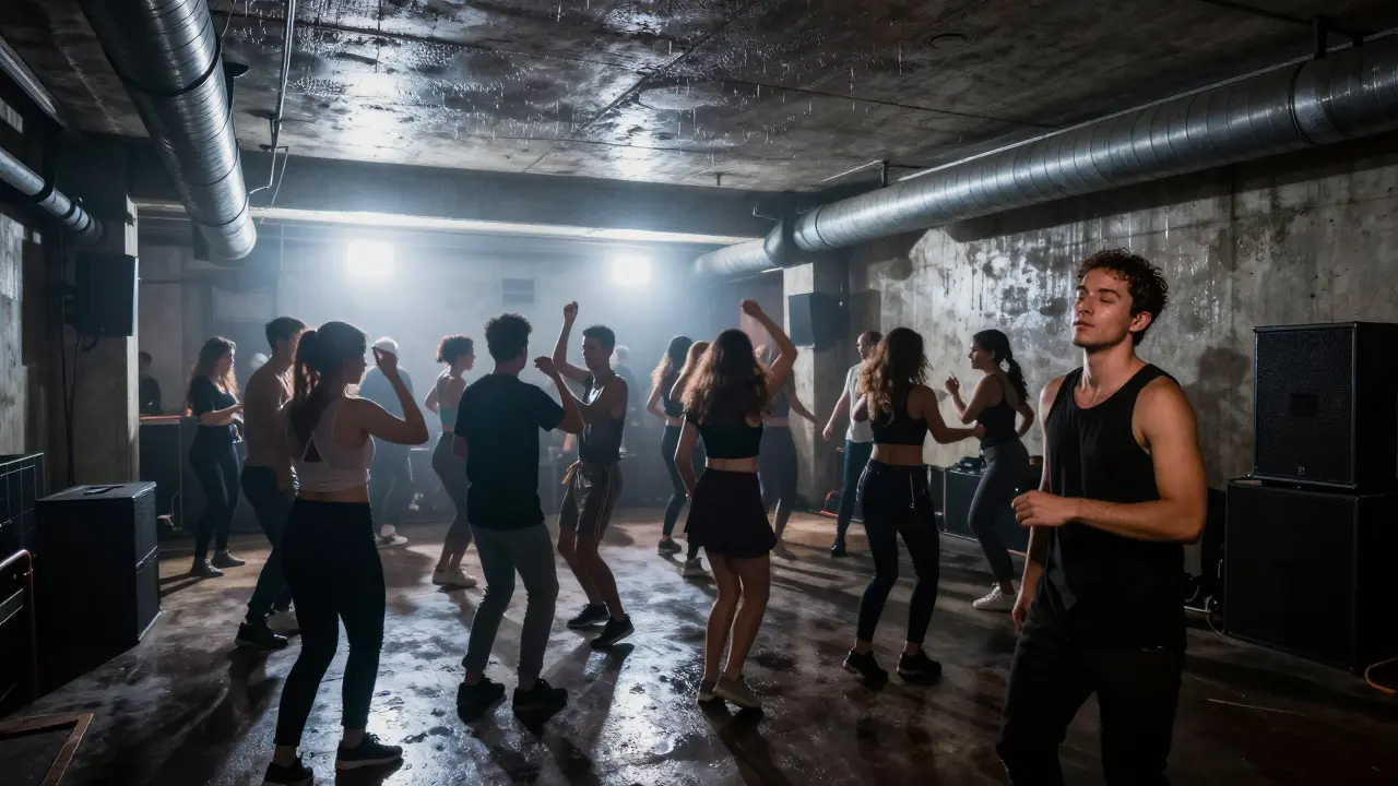 Dancers lost in motion at Concrete club, condensation dripping from ceiling, raw industrial setting at 4 a.m.