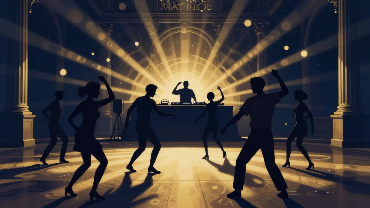 Dancers moving to sophisticated house music in a dimly lit club.