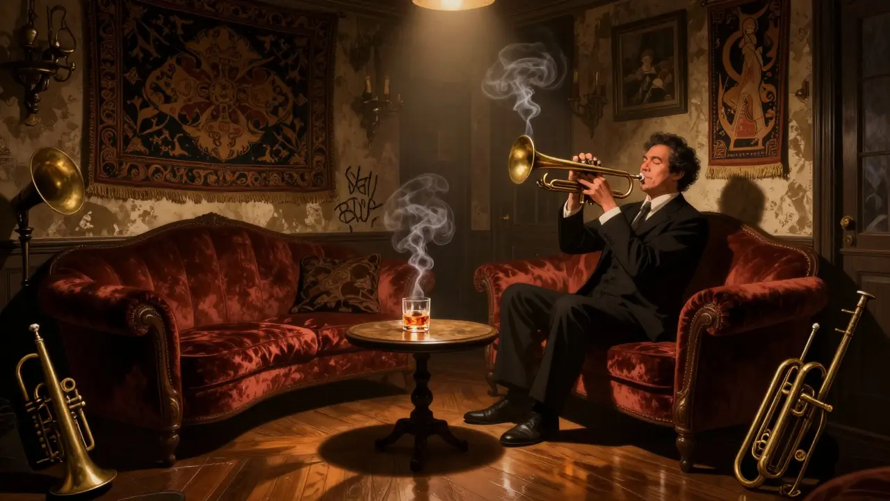 Dimly lit jazz club with a trumpet player performing, velvet couches, and vintage decor in a historic mansion.
