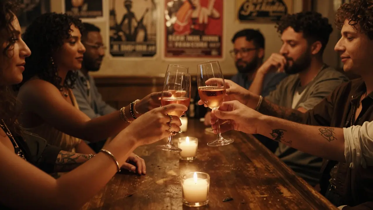 Diverse hands reaching across a bar counter, sharing drinks in a warm, intimate Parisian queer space.