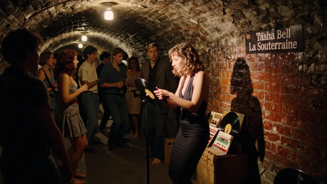 Dj spinning vinyl in a subway tunnel club, crowd dancing barefoot under flickering light, no digital gear visible.