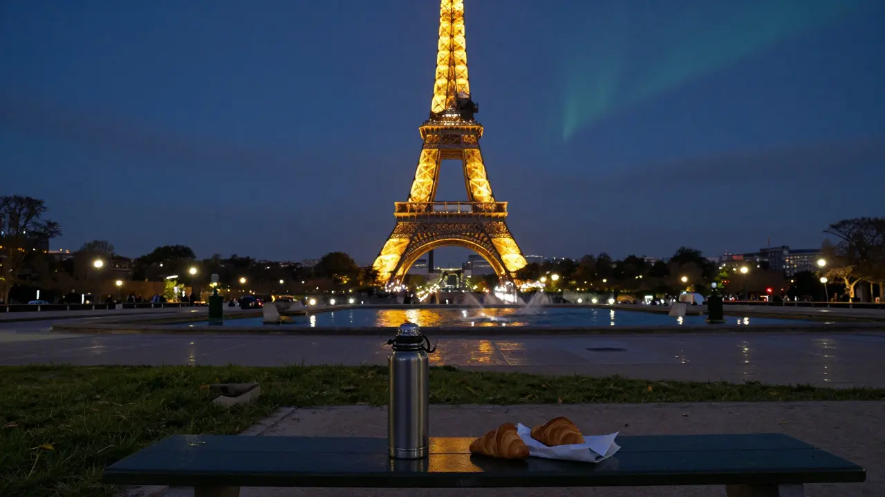 Eiffel Tower sparkling at midnight from Trocadéro, with an empty bench and a croissant on the grass.