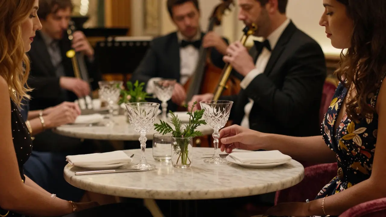 Elegant dinner setting with marble tables and polished guests.