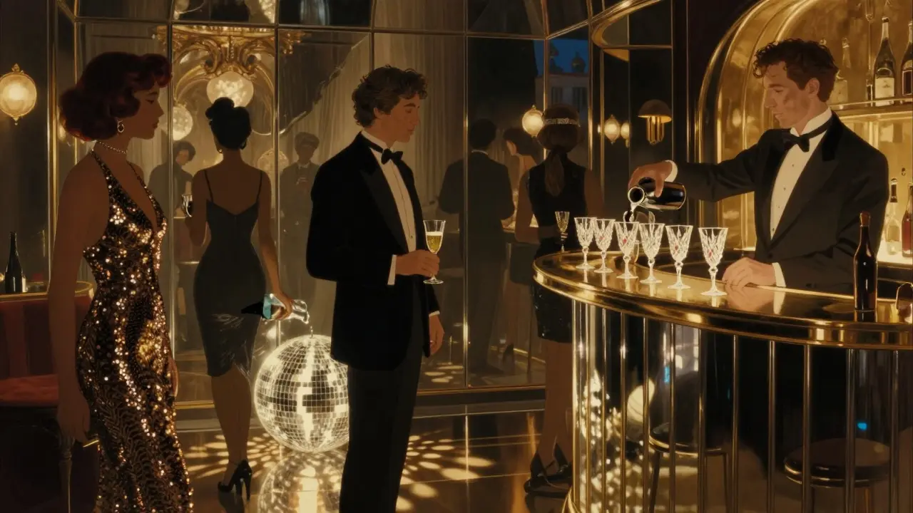 Elegant guests in mirrored nightclub lighting at Le Baron, champagne glasses glinting under golden glow.