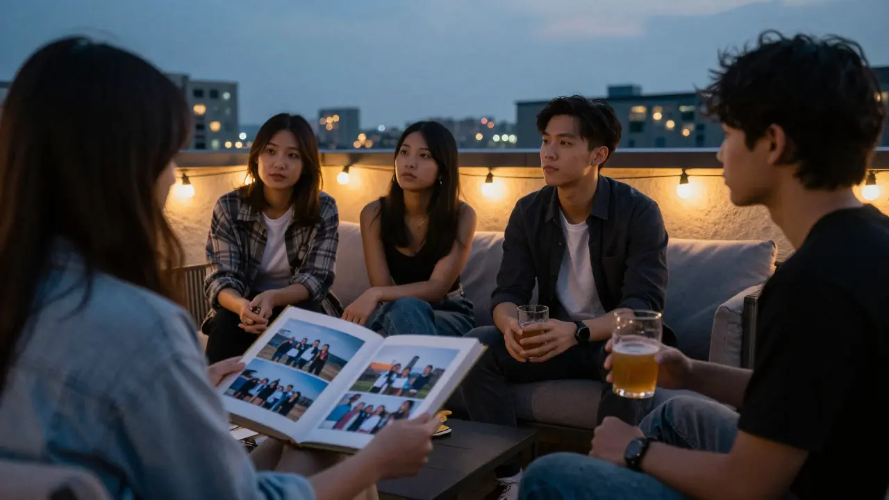 Friends on a rooftop at dusk sharing old photos under soft string lights.