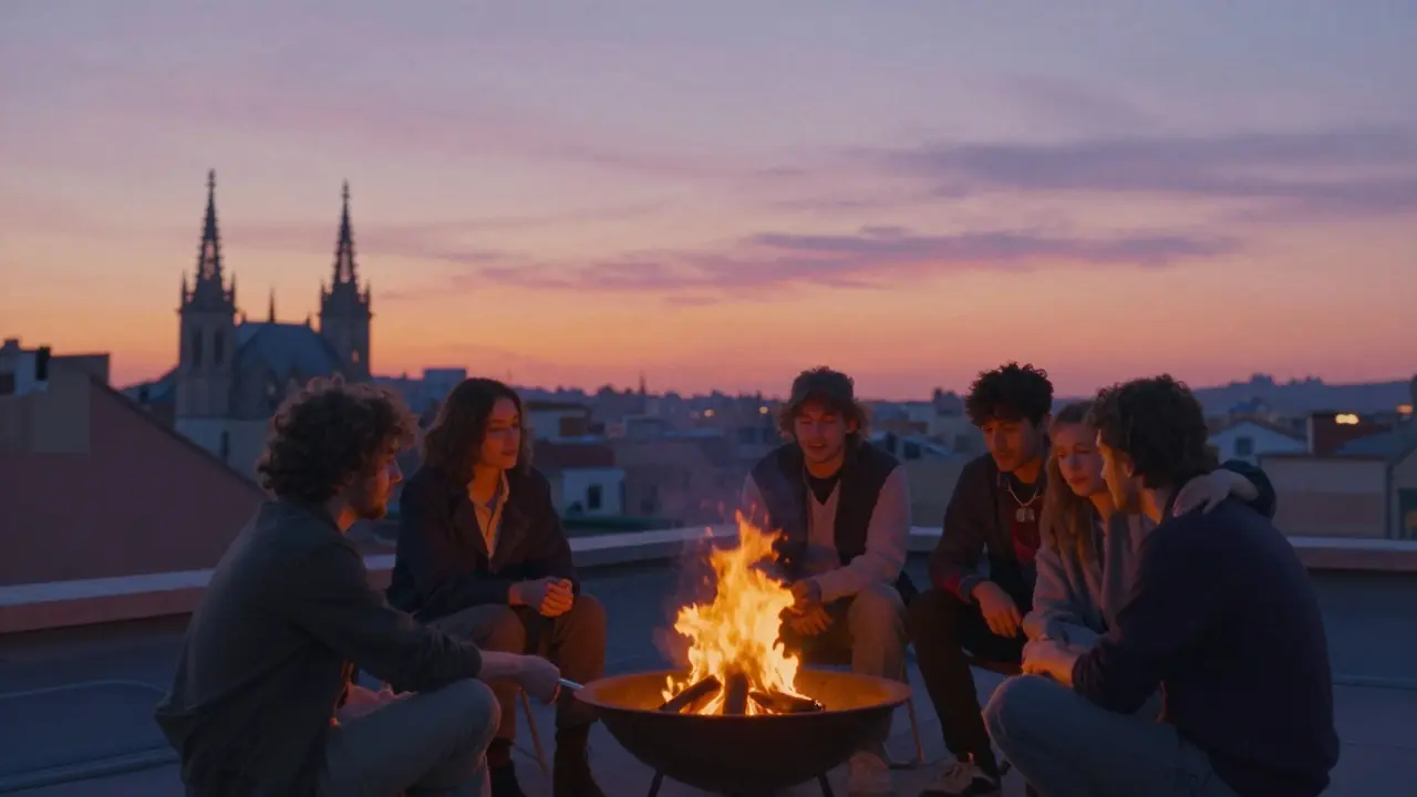 Friends watching sunrise on a Barcelona rooftop, silent and tired after a wild night.