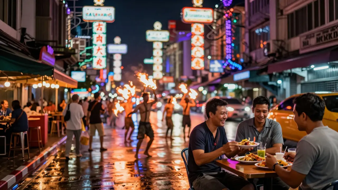 Men enjoying street food in Bangkok at 3 a.m. as fire dancers perform under glowing neon signs.