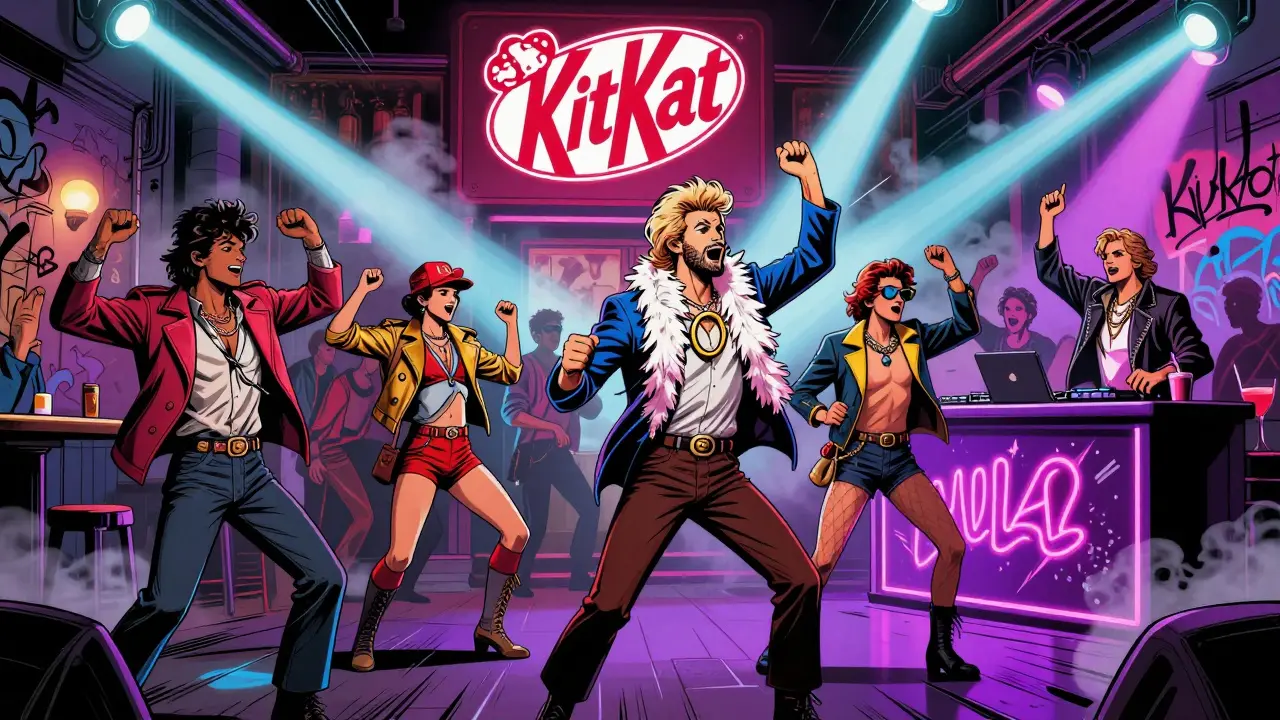 Men in 80s costumes dancing wildly outside a Berlin nightclub with strobe lights.