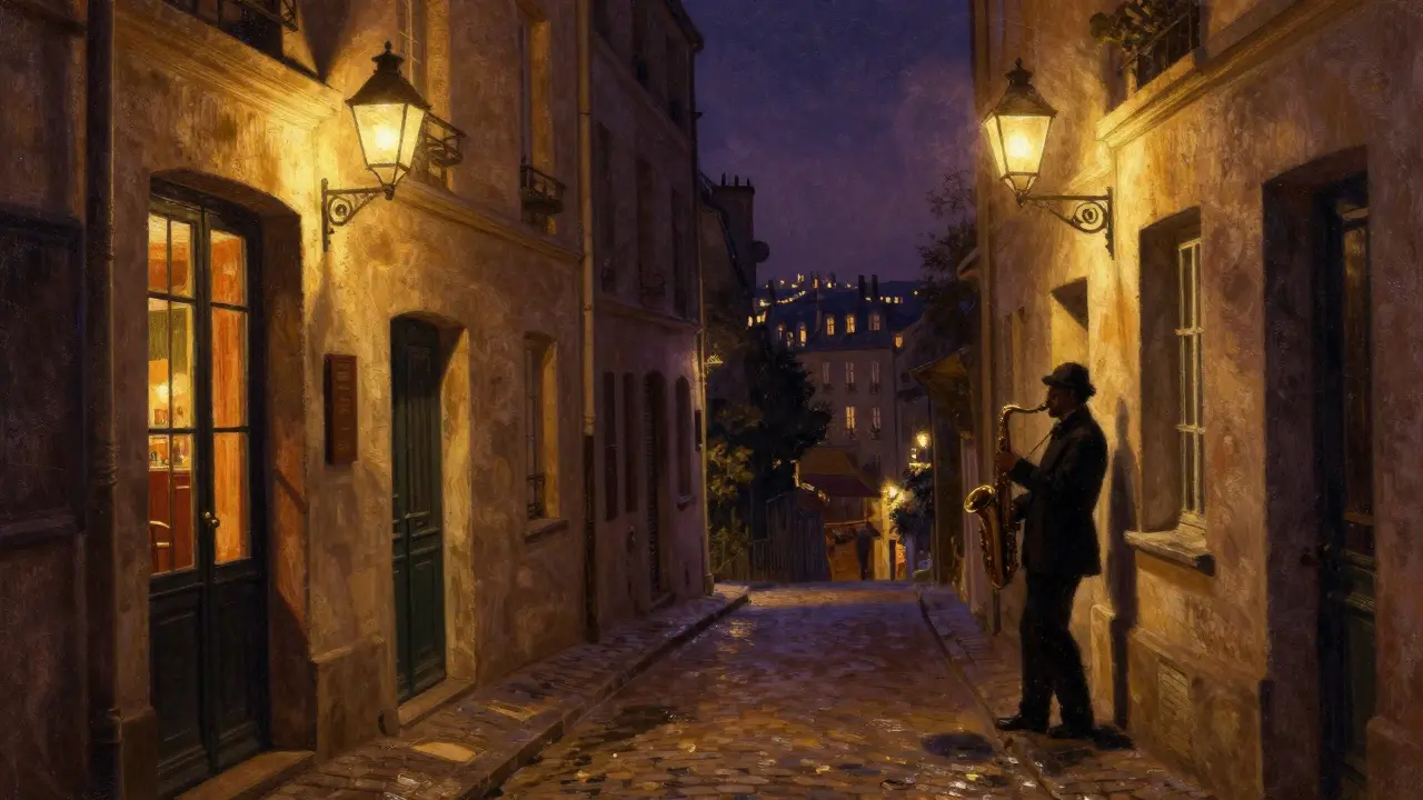 Montmartre alley at night lit by lanterns and jazz club windows, saxophone player visible through a glowing doorway.