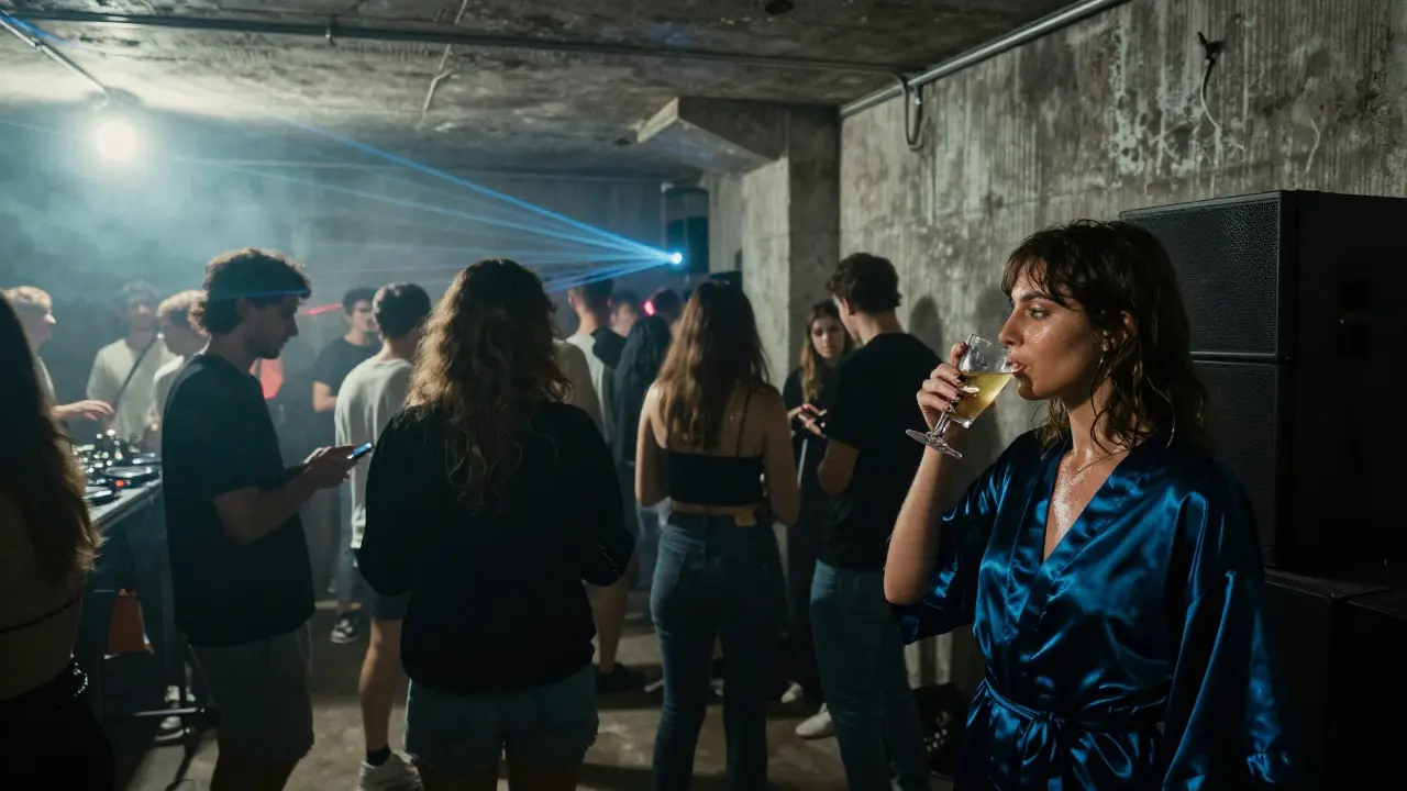People moving to techno music in a raw concrete warehouse club in Paris.