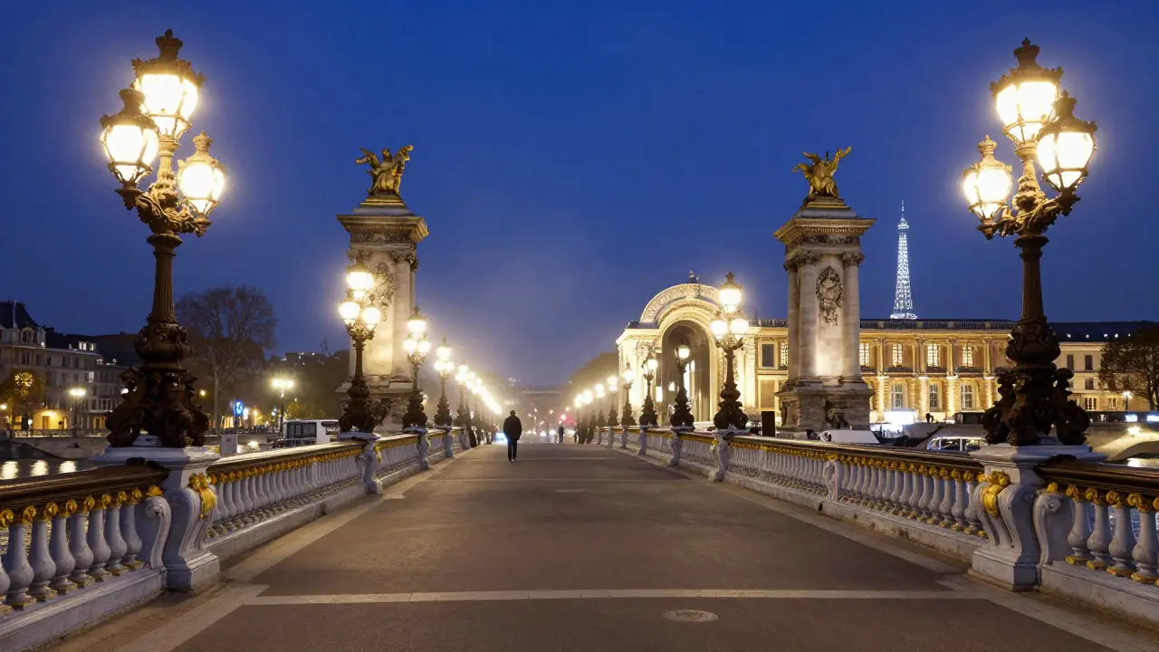 Pont Alexandre III bridge at night, reflecting Grand Palais and Eiffel Tower under blue hour skies.