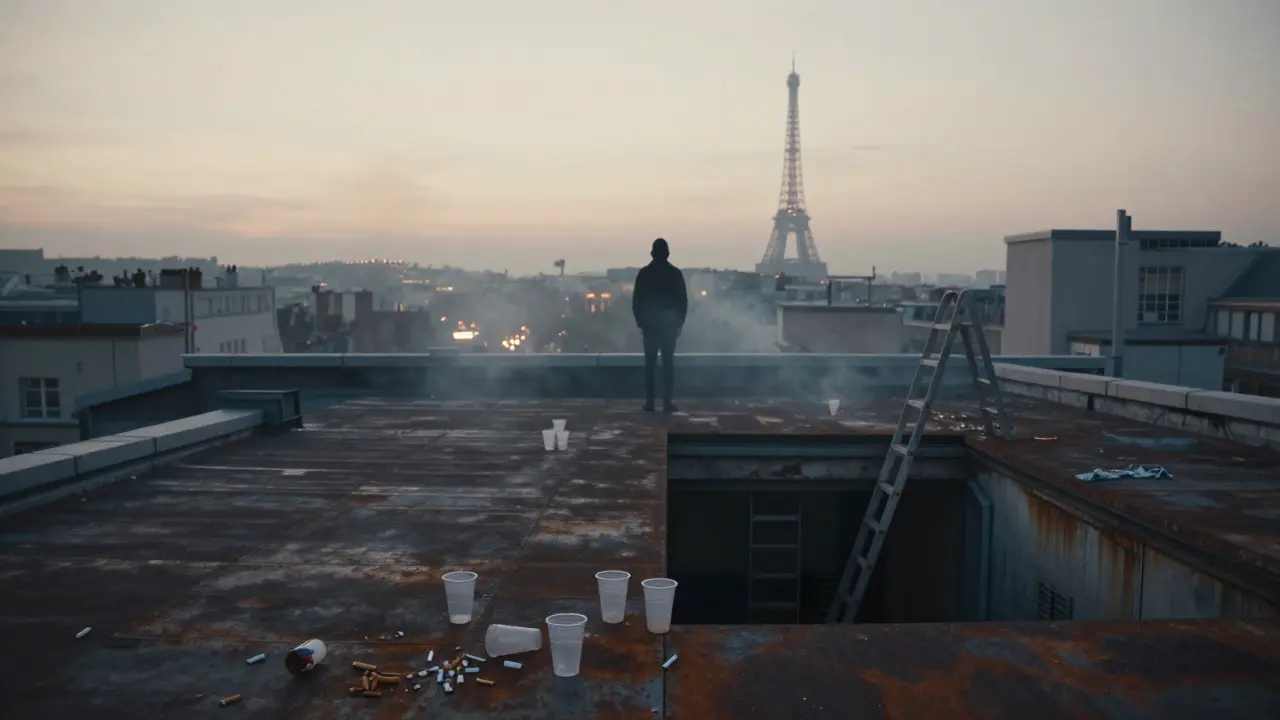 Silhouetted figure on a rooftop overlooking Paris at dawn after a night of underground music.