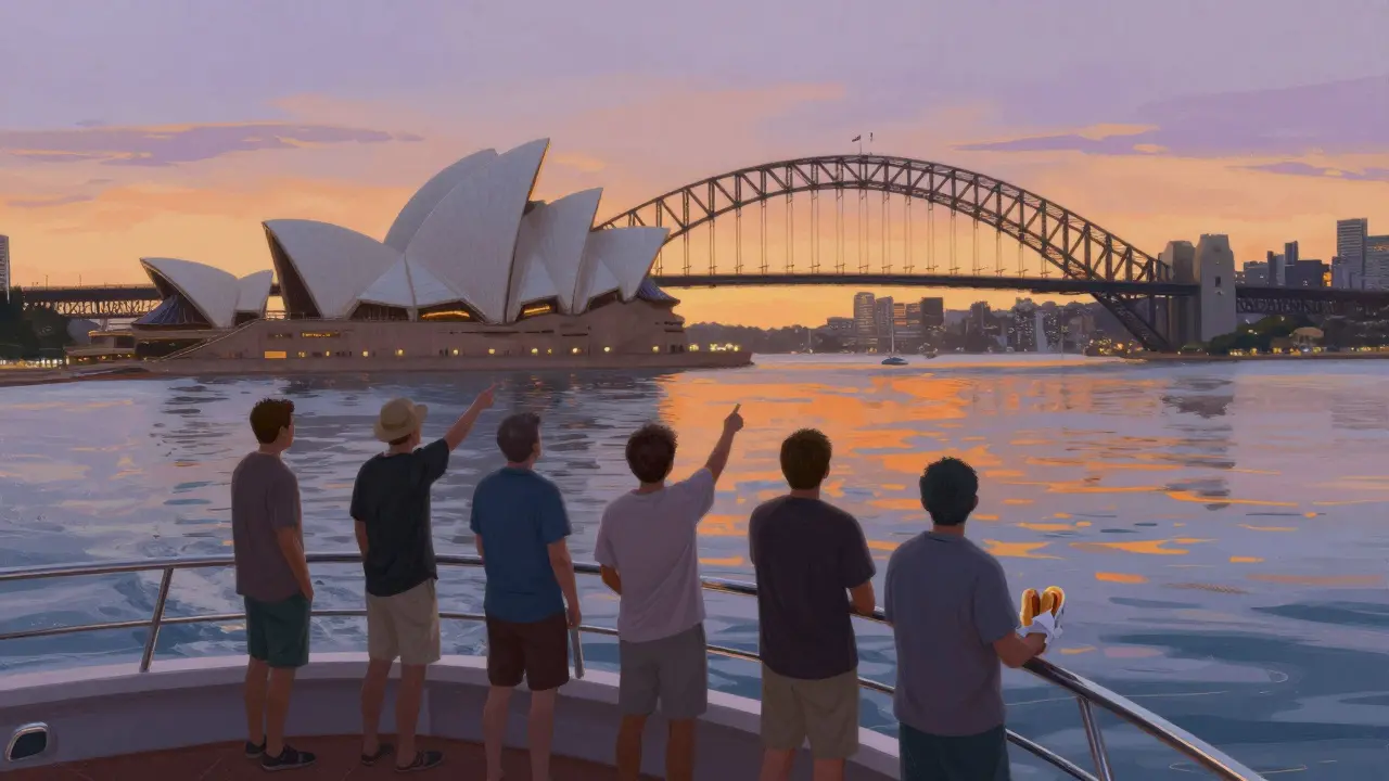 Small boat cruising Sydney Harbour at sunset with Opera House in view.