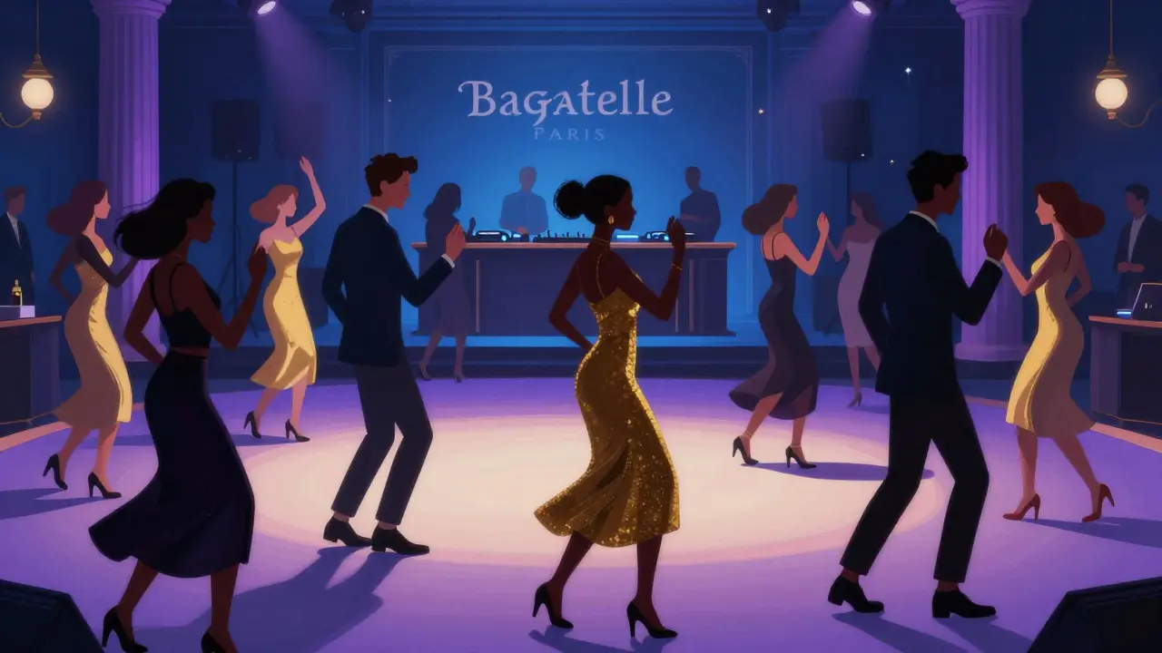 Sophisticated dance floor with glowing lights and stylish crowd.