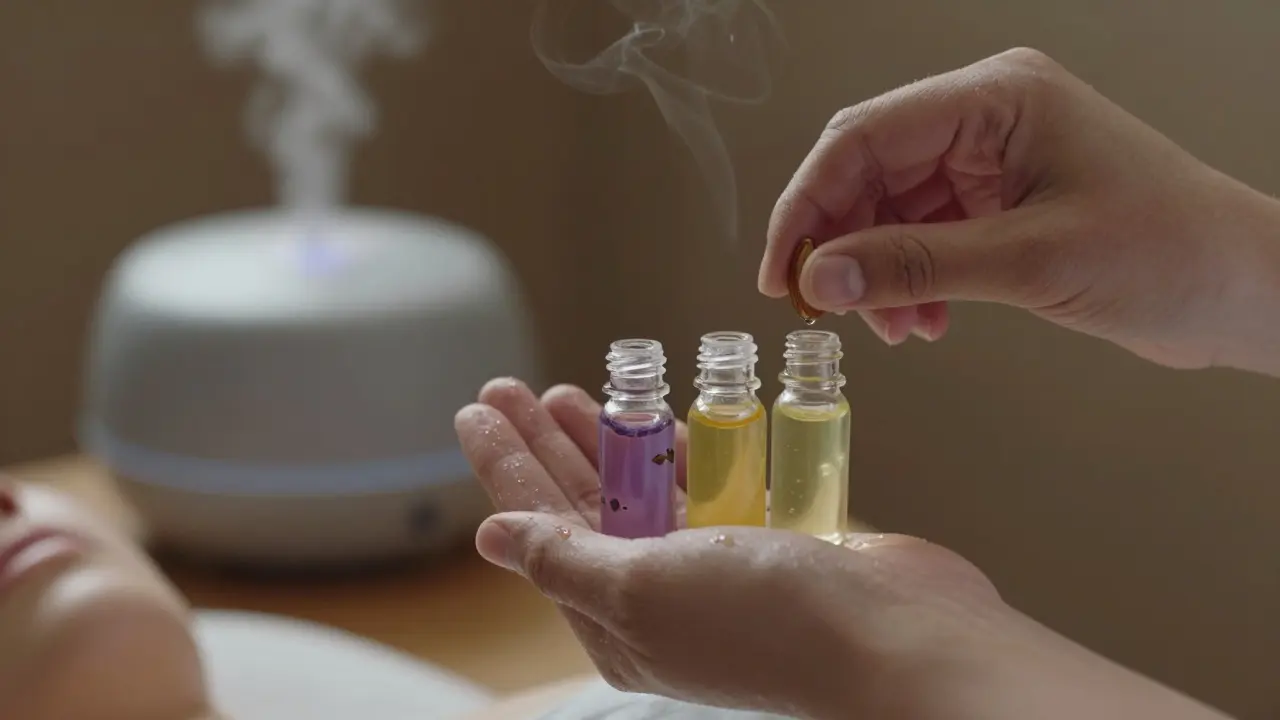 Therapist's hands blending lavender, bergamot, and frankincense oils into carrier oil, with a diffuser emitting gentle mist in the background.