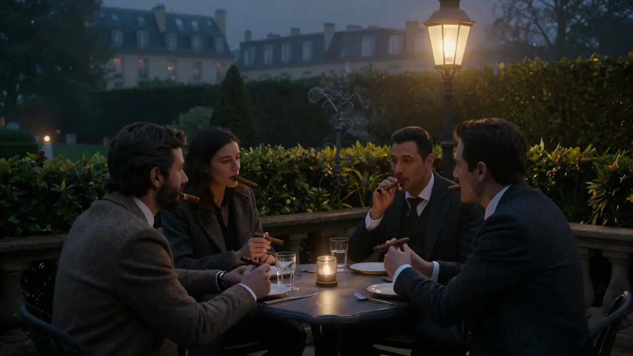 Three figures on a misty cigar terrace overlooking a Paris garden at night, no phones or cameras visible