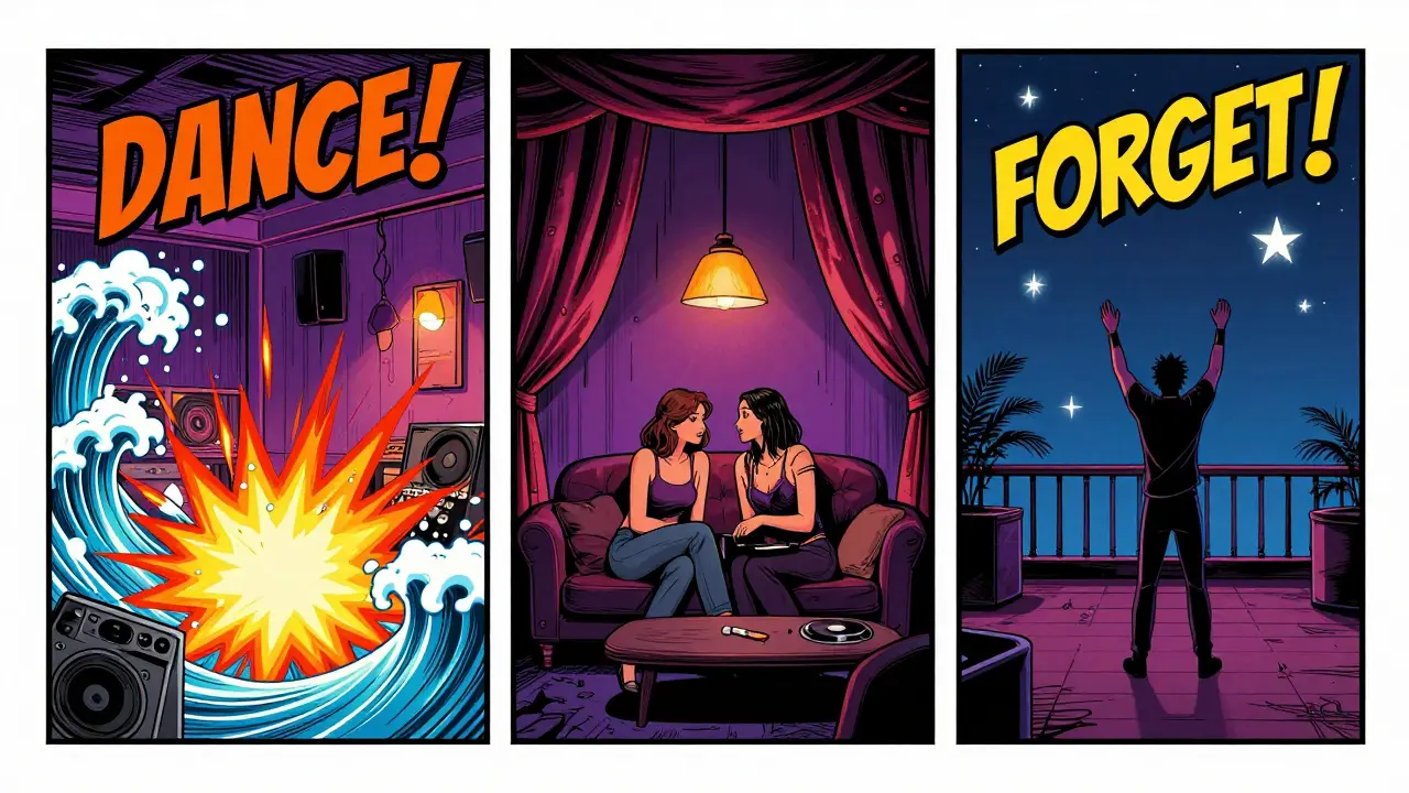 Three-panel comic scene showing a nightclub's main floor, chill room, and rooftop.
