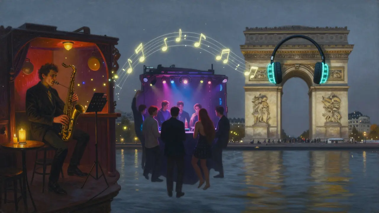 Three Parisian club scenes float in the night sky — jazz, techno, and silent disco — connected by glowing musical notes.