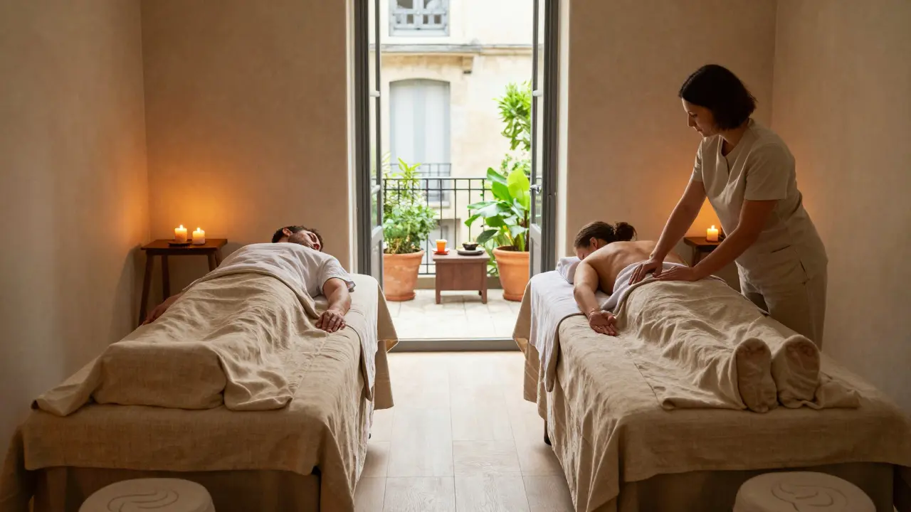 Two people enjoy side-by-side couples massage in a calm room with candlelight and a view of a herb-filled terrace.