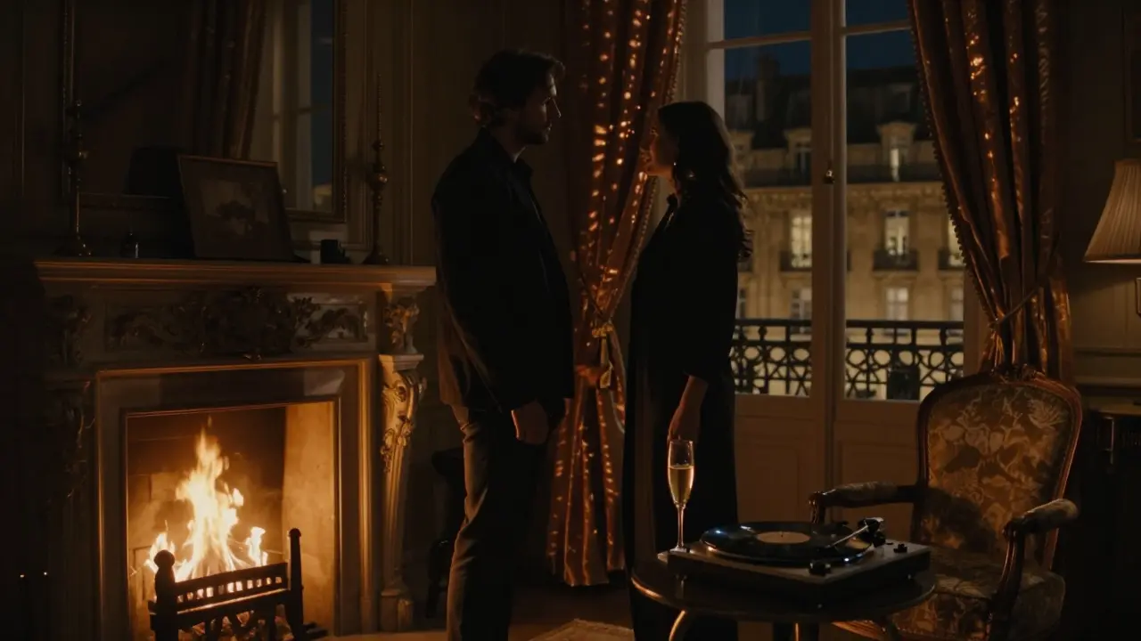A couple near a fireplace at Matignon Paris, vinyl record playing, winter night glow through windows.