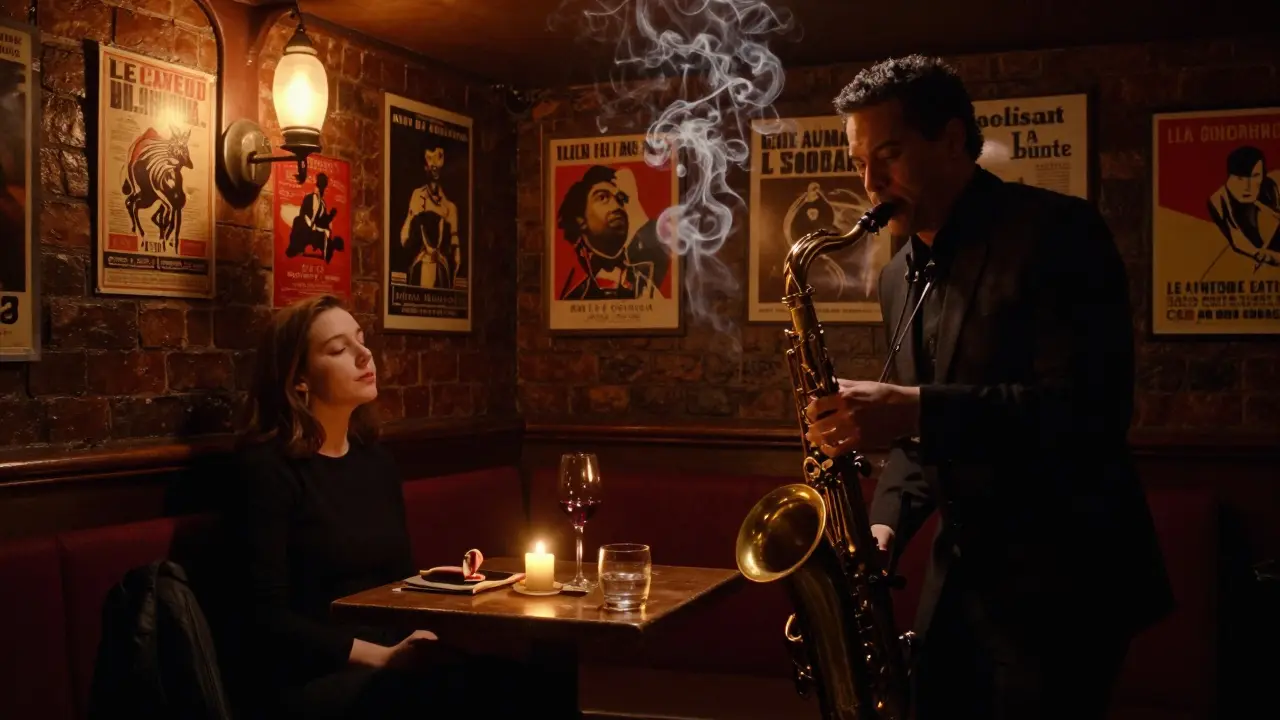A cozy jazz cellar in Paris with a saxophonist playing, candlelight, and a lone listener enjoying the music.