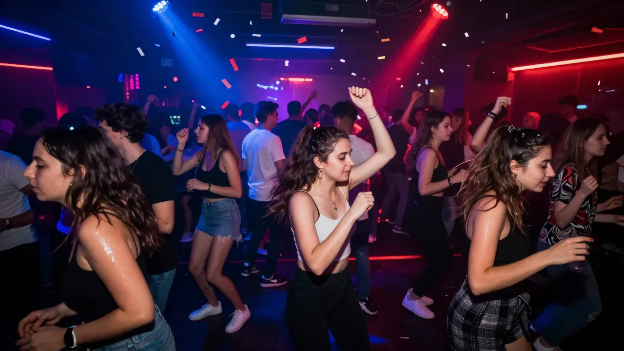 A crowded dance floor under neon lights with motion blur showing people lost in music.