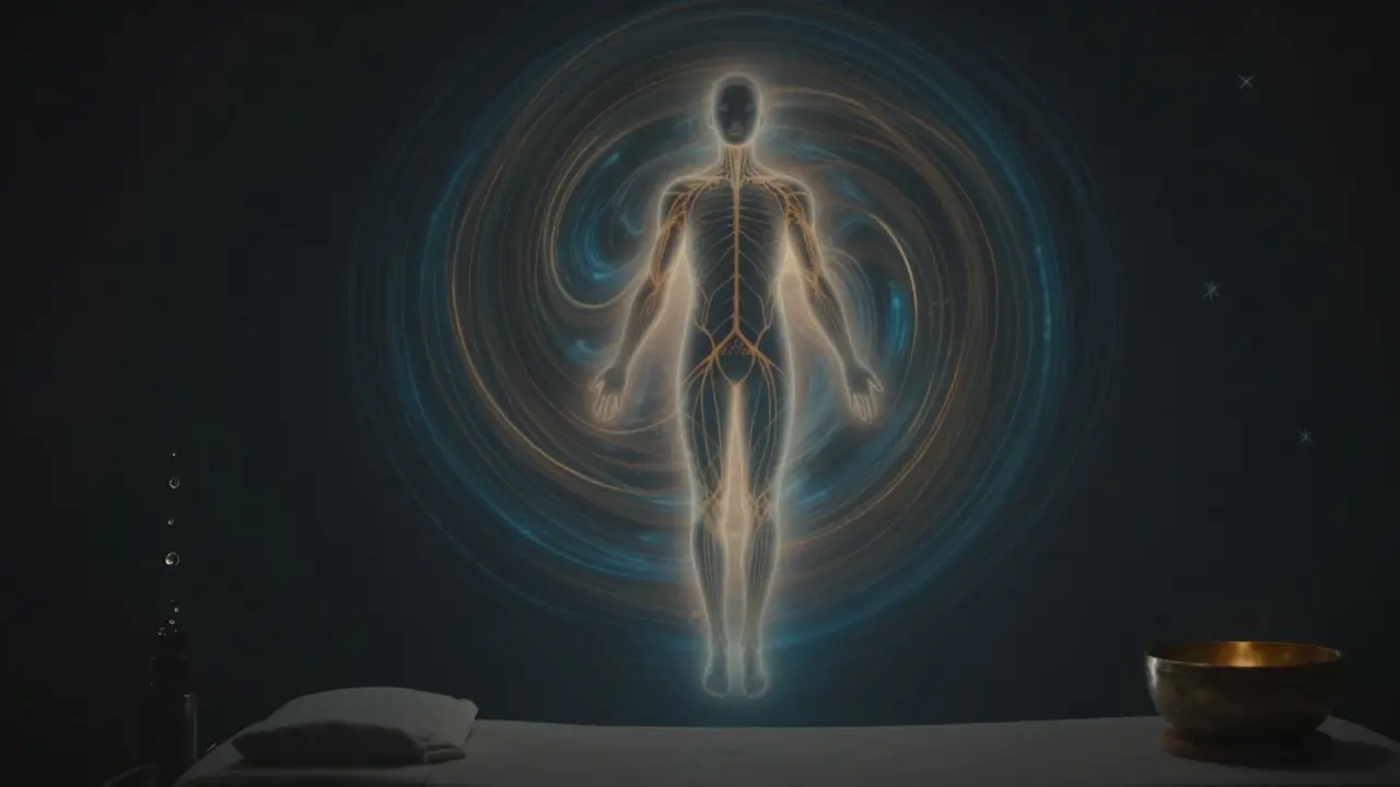A floating human form surrounded by calming waves of light, representing nervous system relaxation.