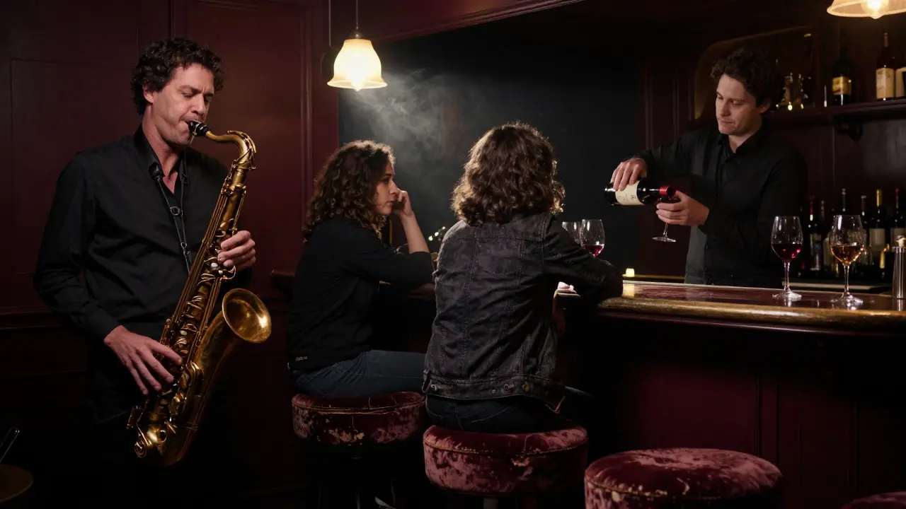 A hidden jazz bar with a saxophonist playing under a single lamp, two strangers listening in silence.