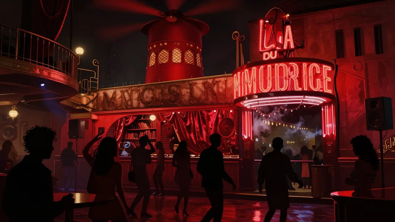 A hidden underground club with red lighting and silhouettes dancing near a bookshelf entrance.