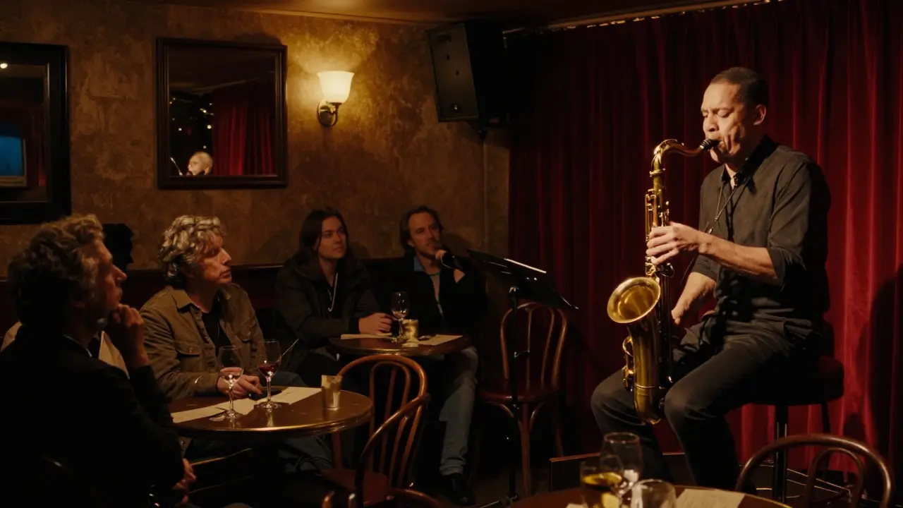 A jazz musician playing saxophone in a dimly lit Paris club, audience listening quietly.