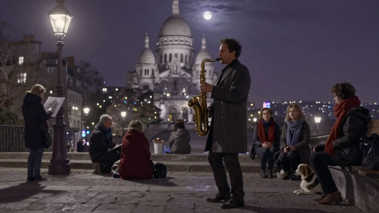 A jazz musician plays saxophone on the steps of Sacré-Cœur at night, city lights glowing behind a small attentive crowd.