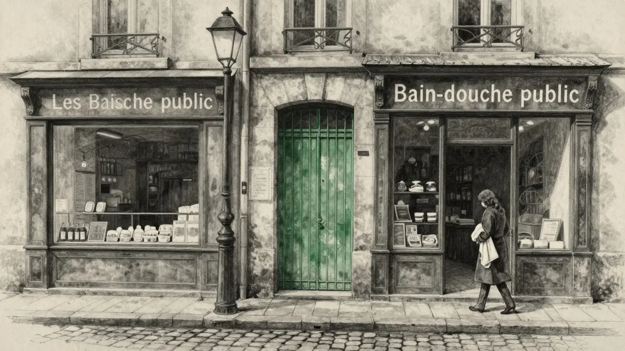 A narrow green door with faded lettering sits between a bakery and a locksmith, a woman exits with a towel, soft dusk light illuminating the quiet street.