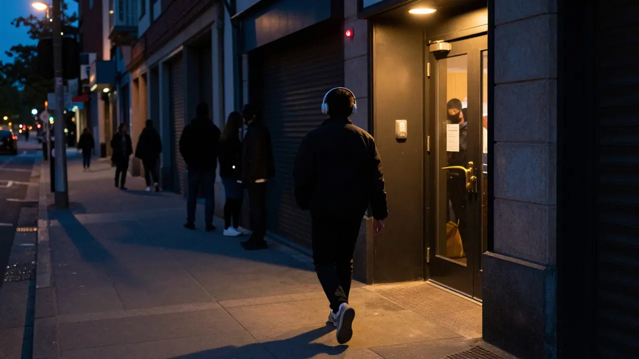A person stopping in awe as music pulses from a hidden doorway on a quiet street.