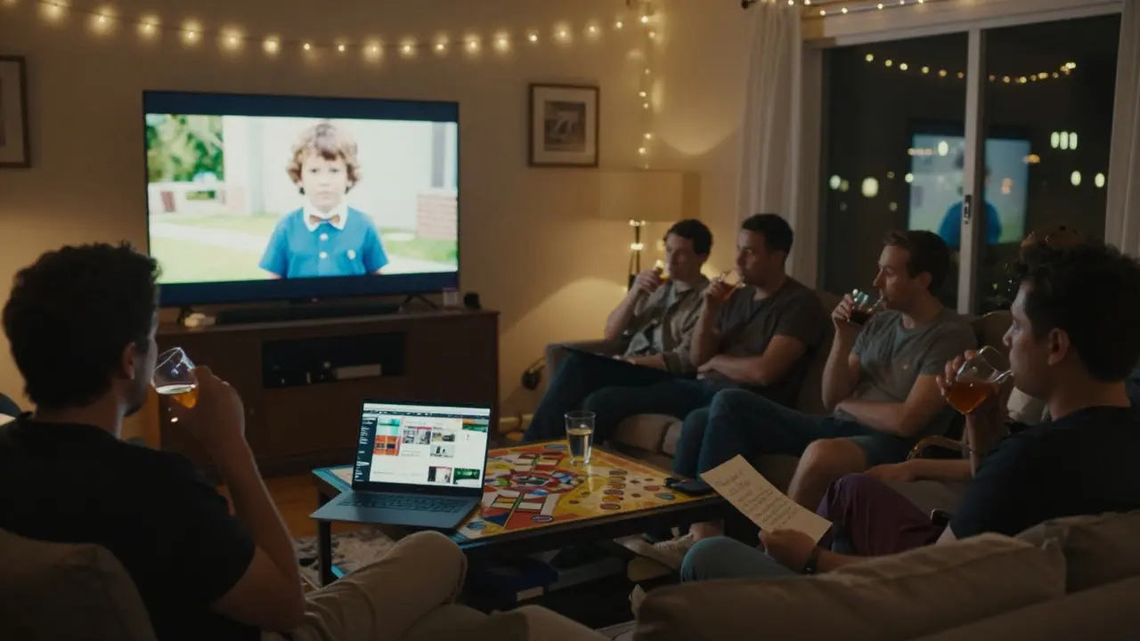 A quiet room at night where men watch a slideshow of the groom’s life, holding handwritten letters in silent reflection.