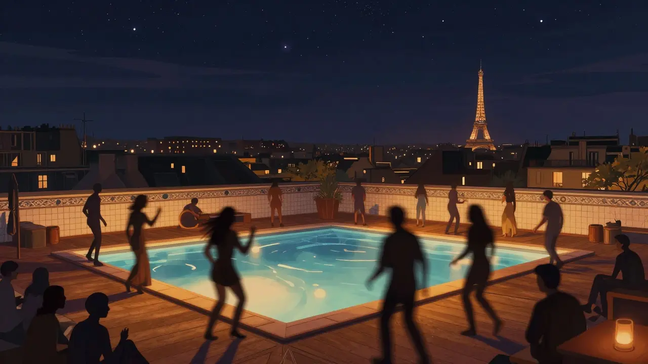 A rooftop dance floor at Le Bain under the stars, with silhouettes moving to music and vintage tiles visible.