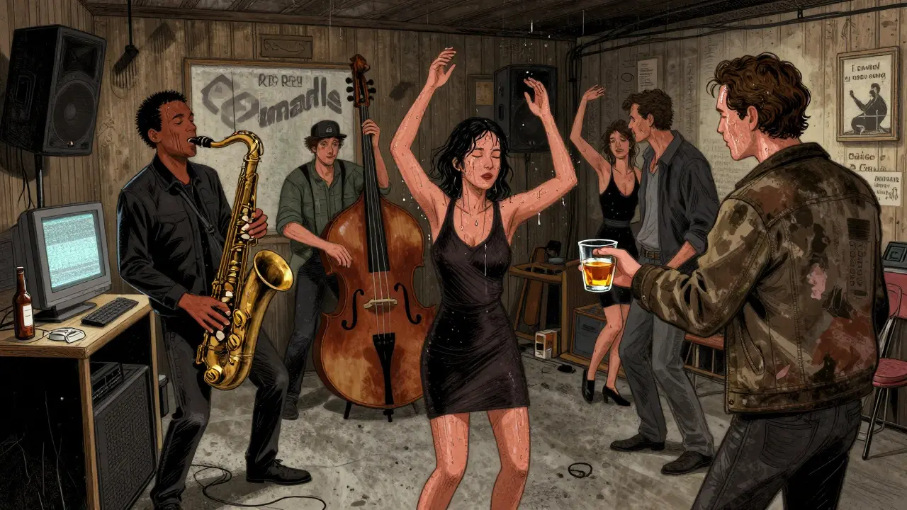 A saxophonist plays live as dancers move in a dim, dusty warehouse, no phones or screens visible.