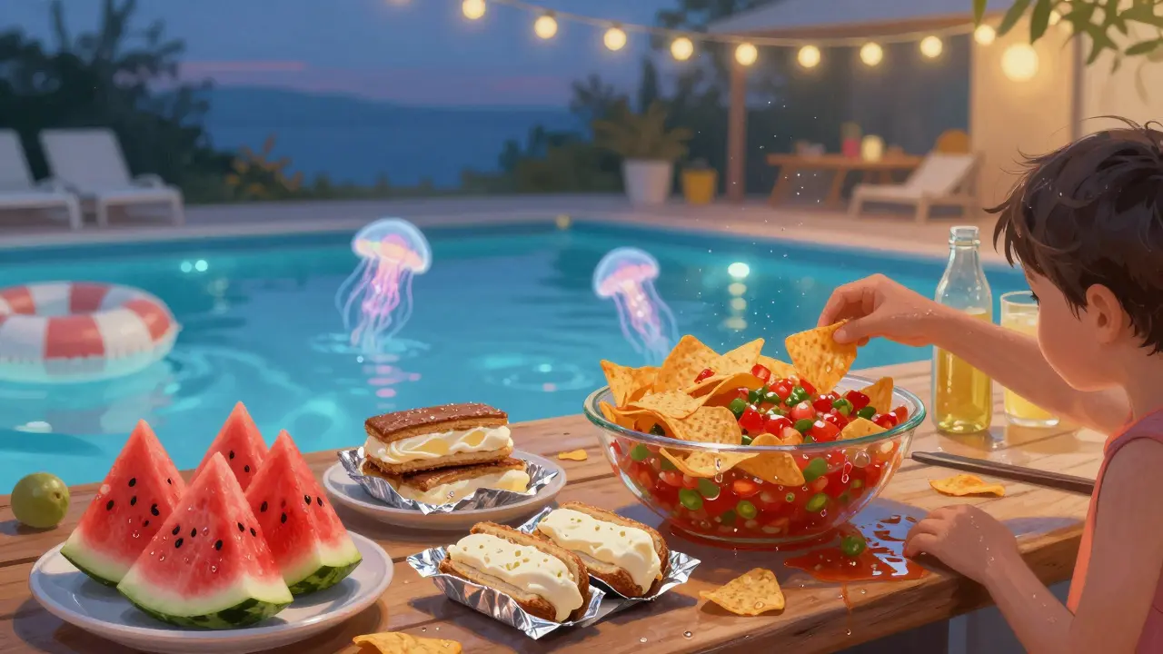 A snack table by the pool with watermelon, ice cream sandwiches, and chips, under glowing LED lights in the water.