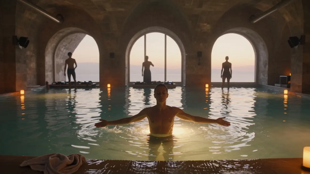 A solitary person floating in a lit pool at dawn, surrounded by dancers and lanterns at Petit Bain.