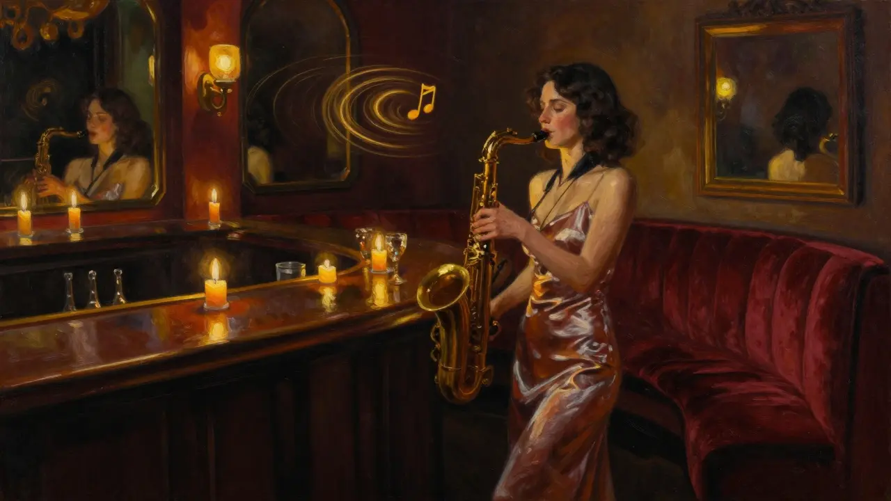 A woman dances alone in a candlelit Paris club, surrounded by velvet booths and soft jazz ambiance.