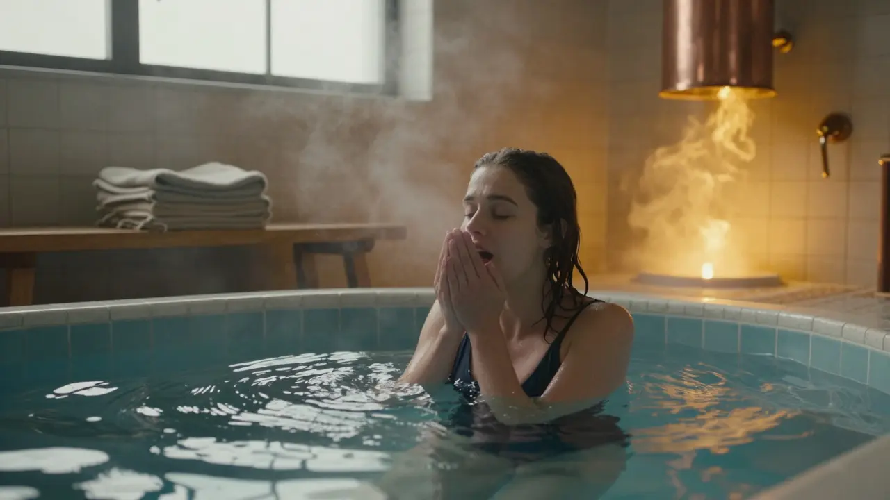 A woman gasps as she enters a cold plunge pool in a historic Parisian bathhouse, steam rising behind her, no modern elements visible.