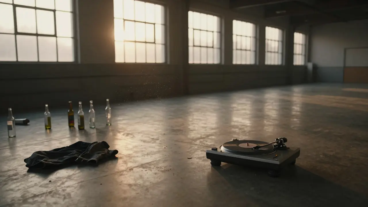 An empty dancefloor at dawn, with a spinning turntable and scattered bottles, bathed in soft morning light.