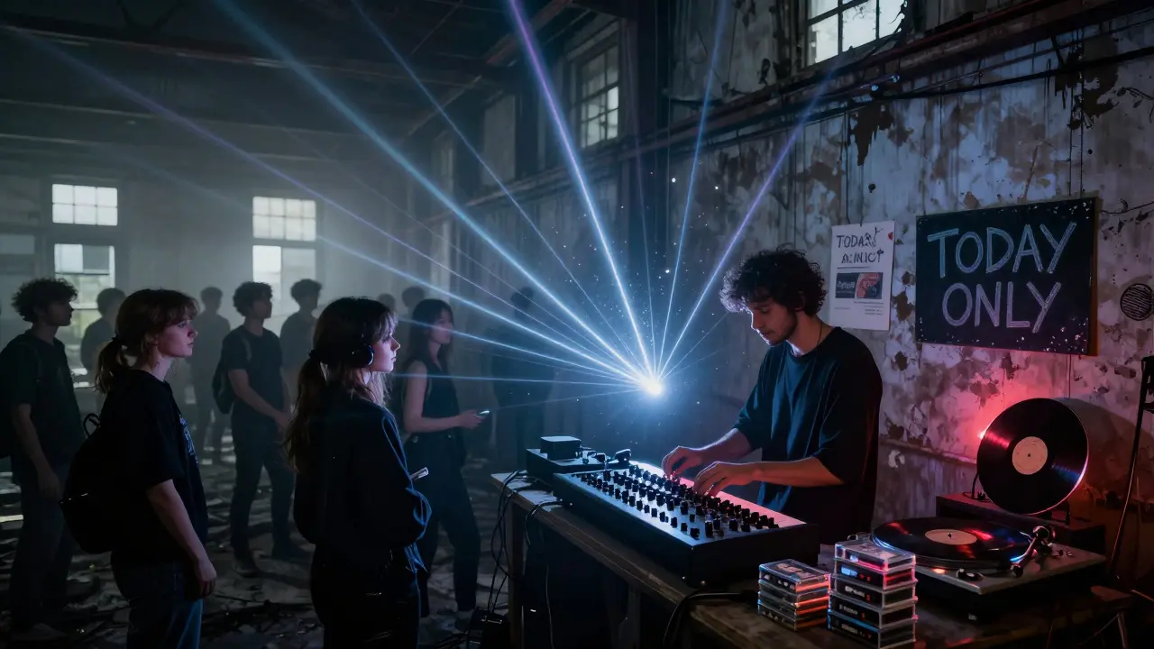 An experimental techno club at dawn with fog, lasers, and a silent crowd immersed in sound.