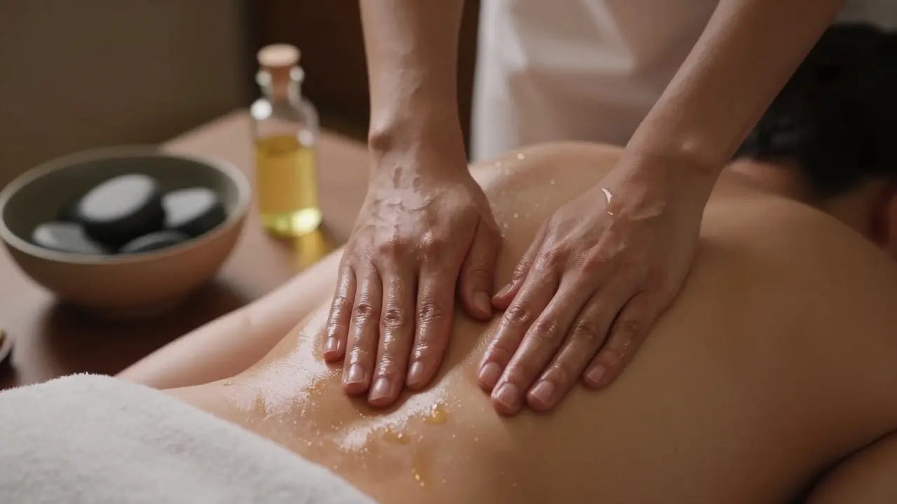 Close-up of hands using warm oil to soothe lower back tension during a relaxing massage session.