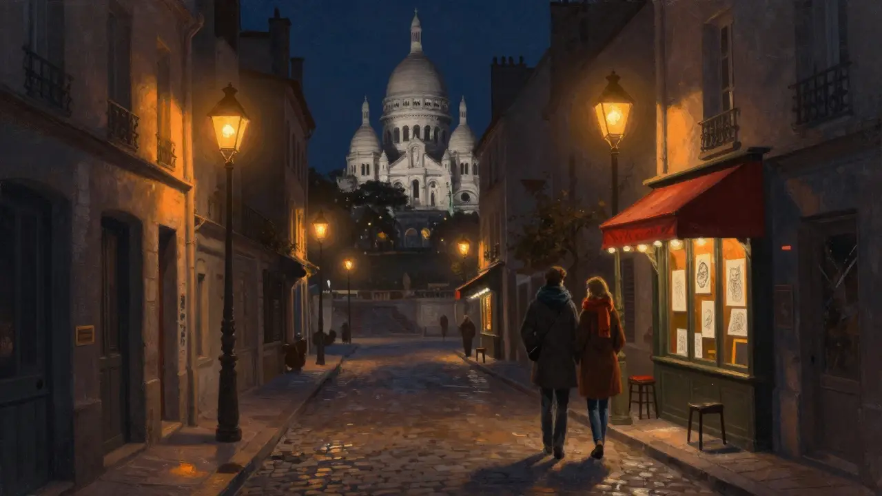 Cobblestone streets in Montmartre with gas lamps and basilica dome.